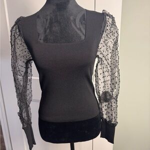 MANGO plumeti Puff Sleeves Black Cropped Rib Knit Square Neck